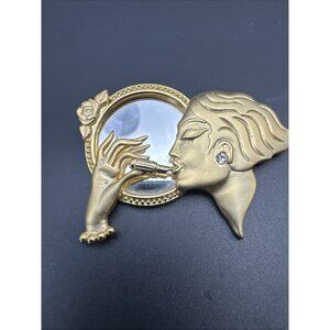 Vintage JJ Gold Tone Mirror Glam Lady Rhinestone Floral Lipstick Brooch Marked